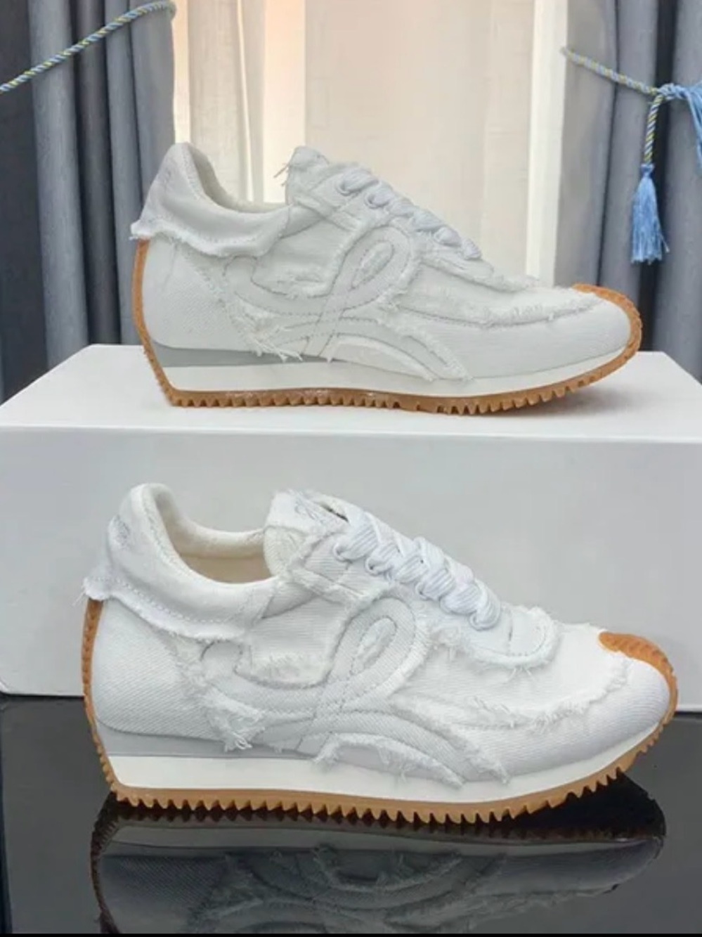 Loewe White Distressed Canvas Runner Sneakers with Gum Trim